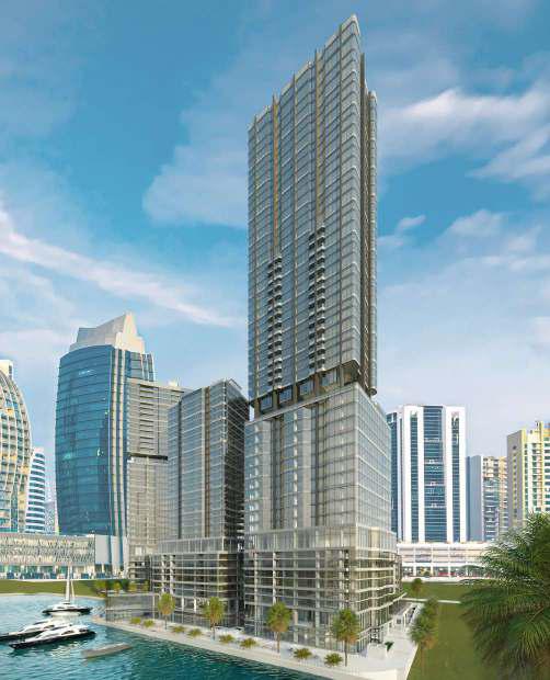 Scenic waterfront view showing exterior architecture of Radiant Viewz apartments at Al Reem Island, Abu Dhabi coastal development.