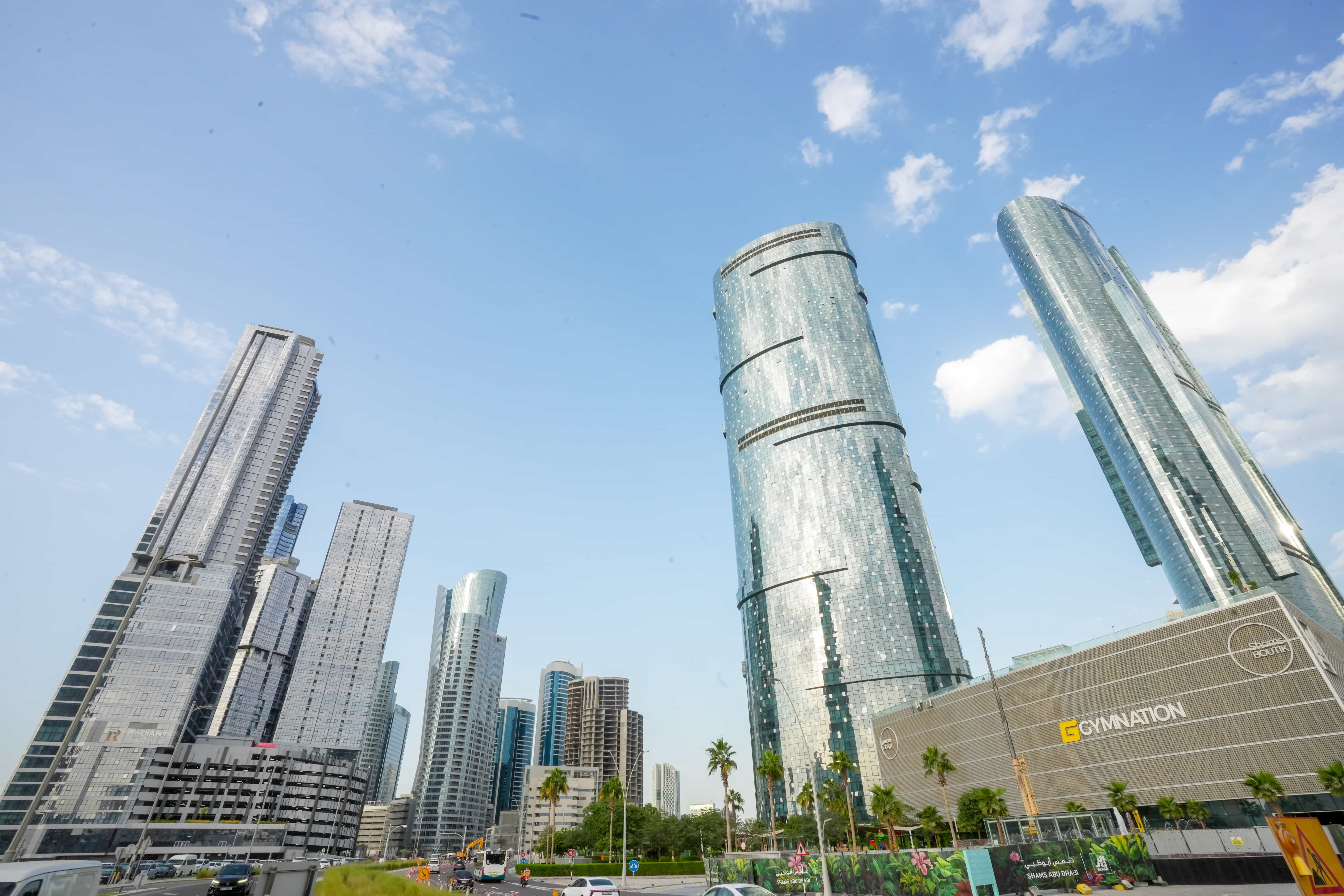Sun Tower façade in Shams Abu Dhabi, illustrating its sleek architectural curves and premium residential tower rising above the waterfront.