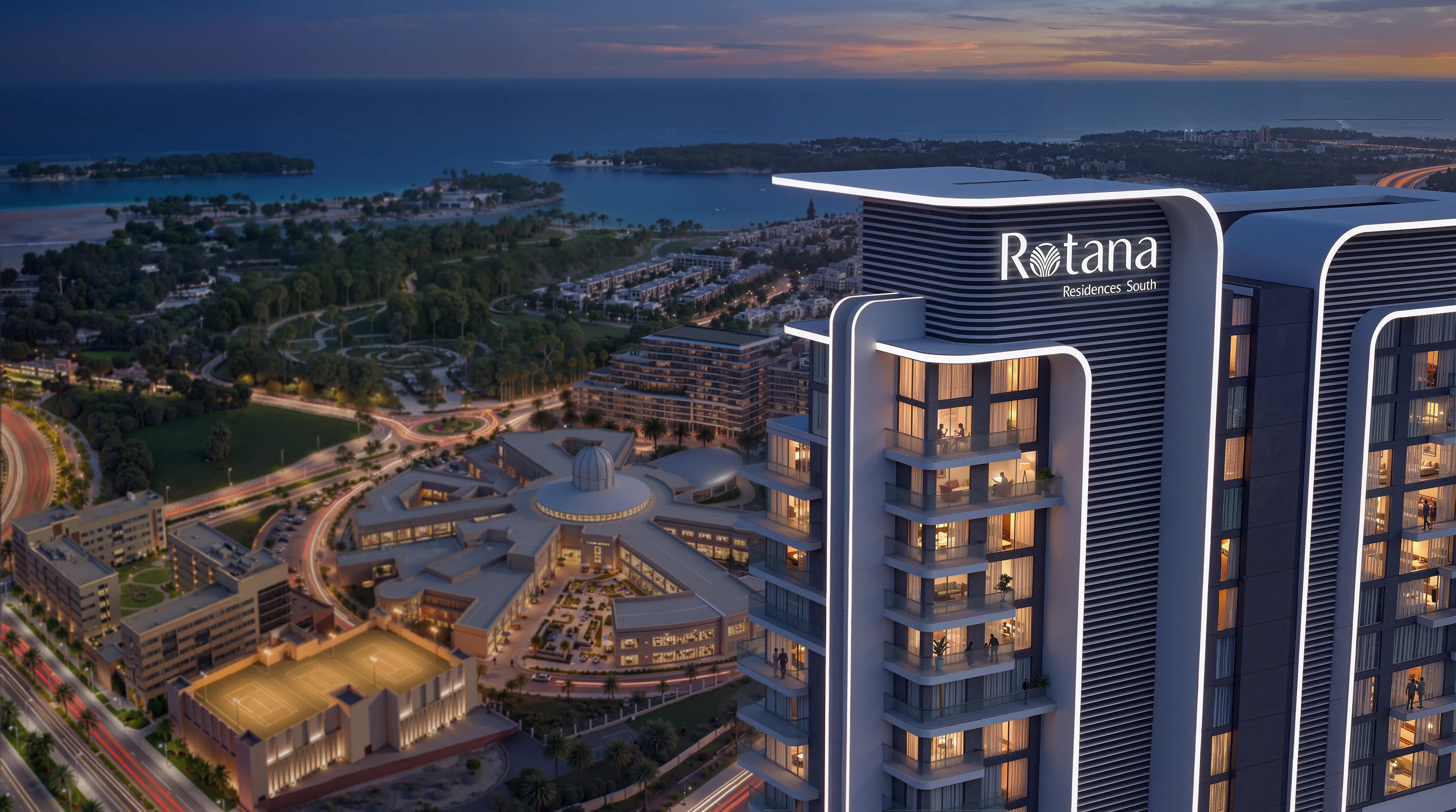 Outdoor swimming pool and sundeck at Rotana Residences Al Reem Island Abu Dhabi surrounded by landscaped gardens and luxury towers.