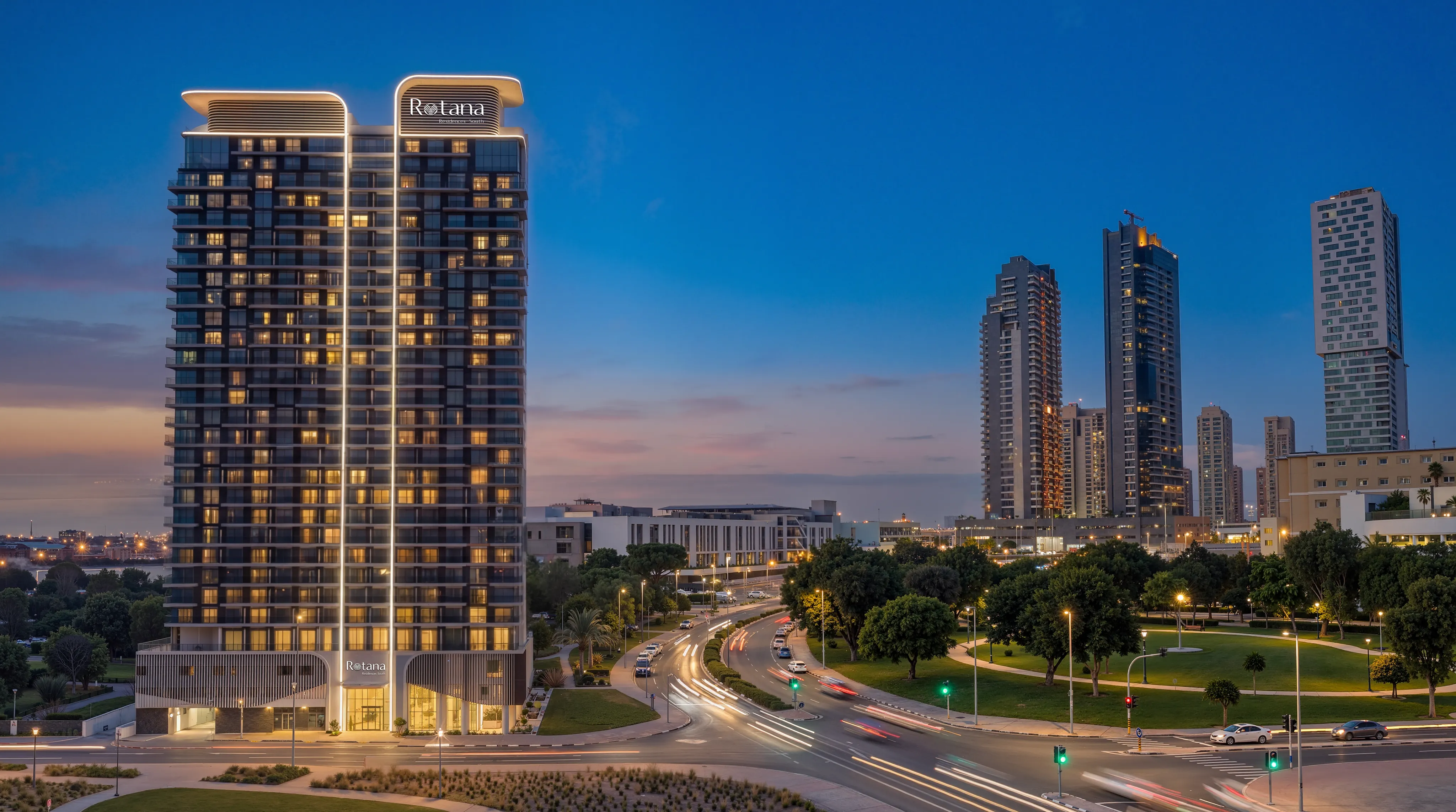 Twilight exterior view of Rotana Residences Al Reem Island Abu Dhabi highlighting hospitality-inspired design and premium urban skyline location.