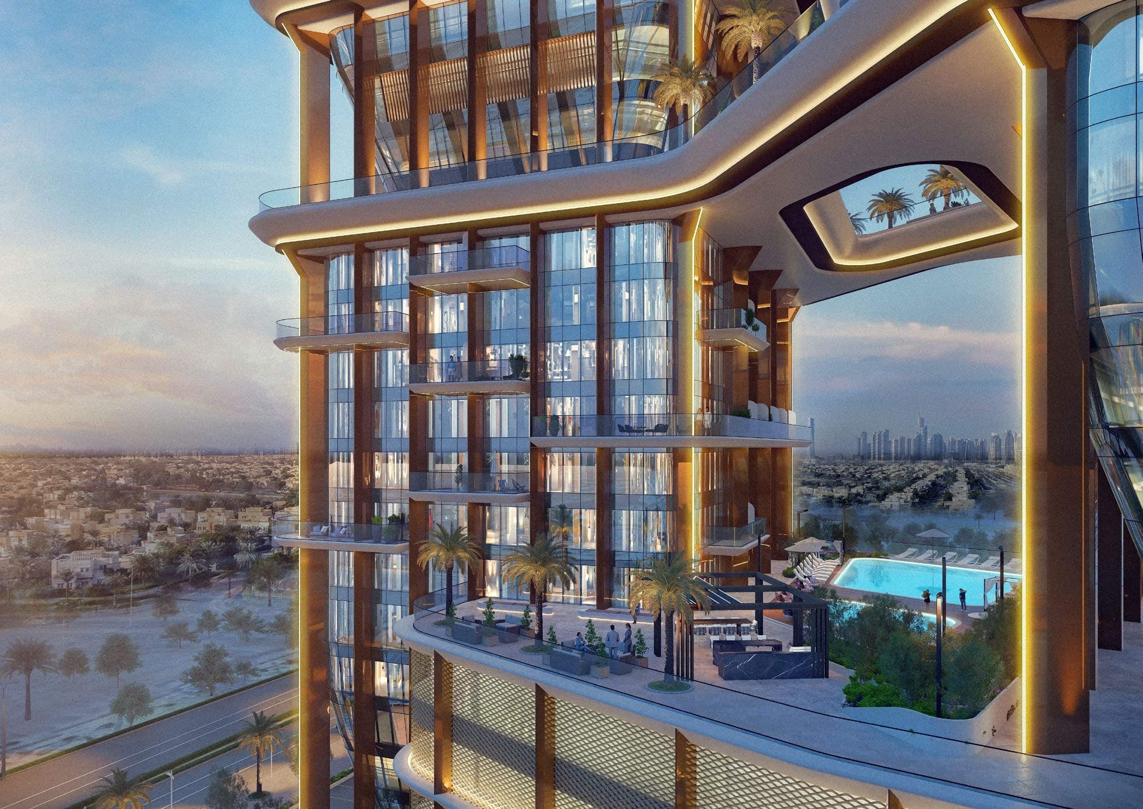 Radiant Bridges Towers landscaped podium terrace on Al Reem Island Abu Dhabi providing green outdoor spaces for community living.