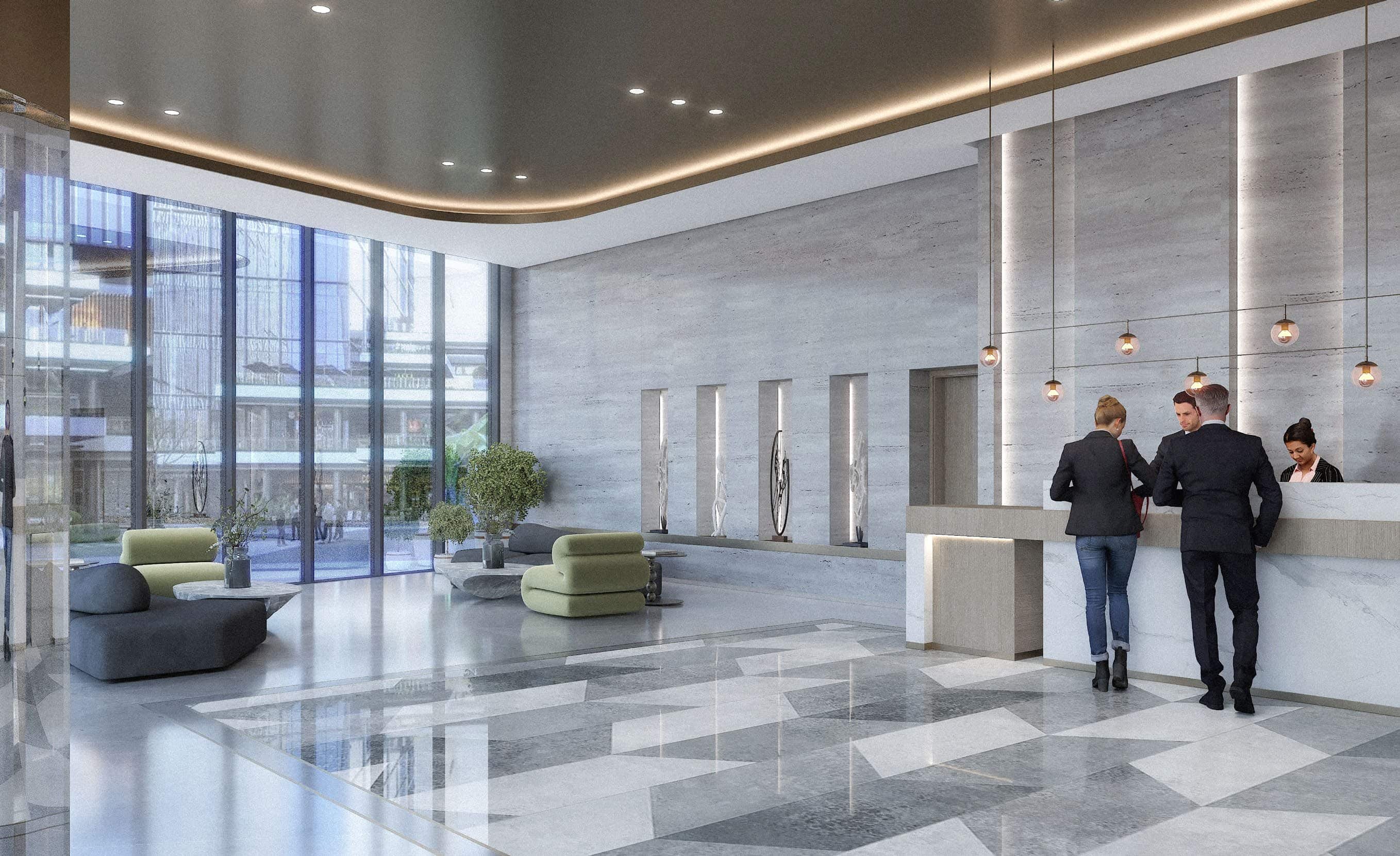 Radiant Bridges Towers residential lobby on Al Reem Island Abu Dhabi featuring elegant interiors and luxury lifestyle design elements.